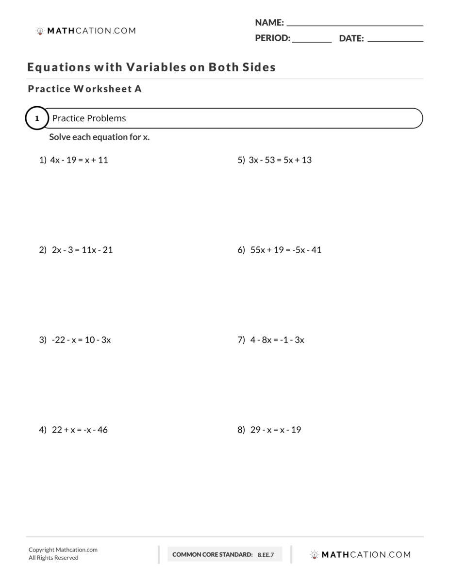 Free Equations with Variables on Both Sides Worksheet