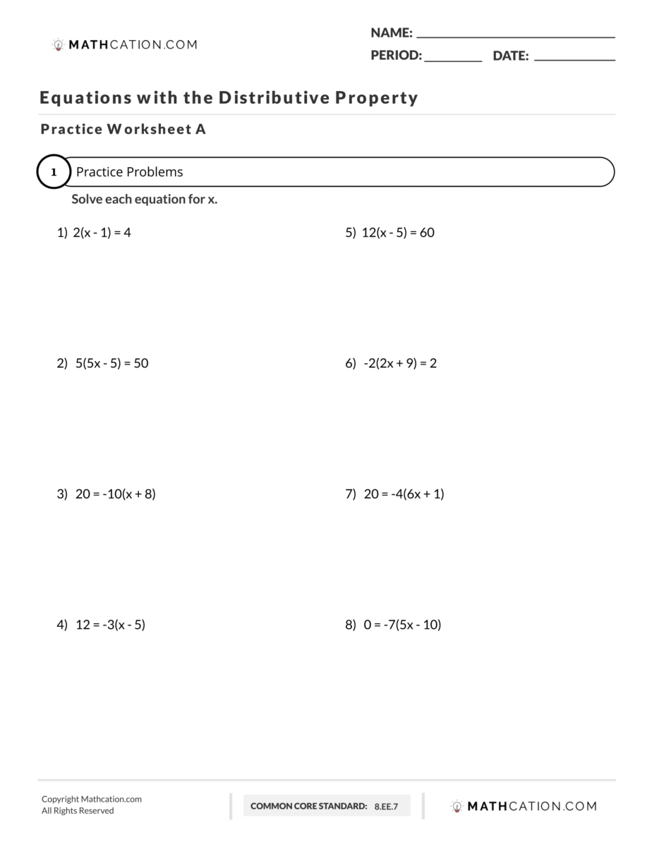 Free Equations with the Distributive Property Worksheet