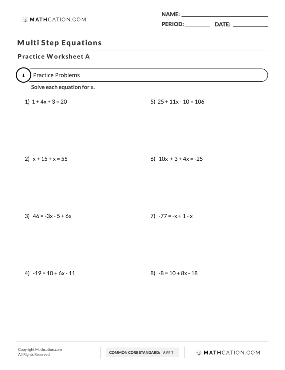 Multi Step Equations Worksheet Multiple Choice