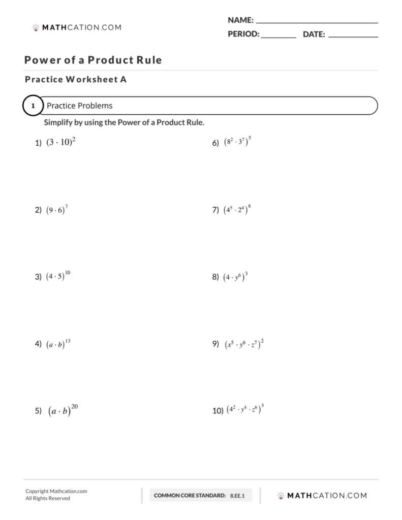 Power of a product rule worksheet and examples