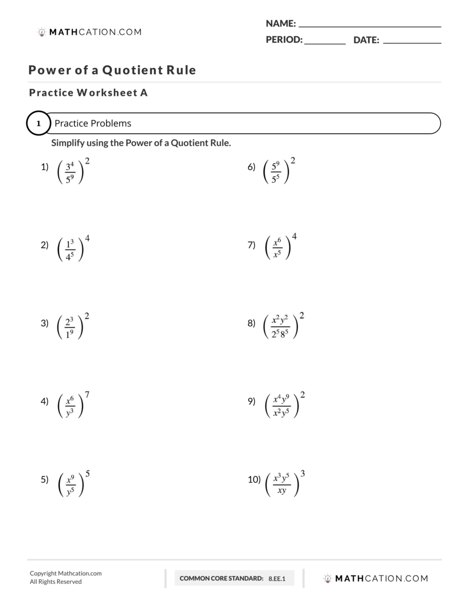 Free Power of a Quotient Rule Worksheet