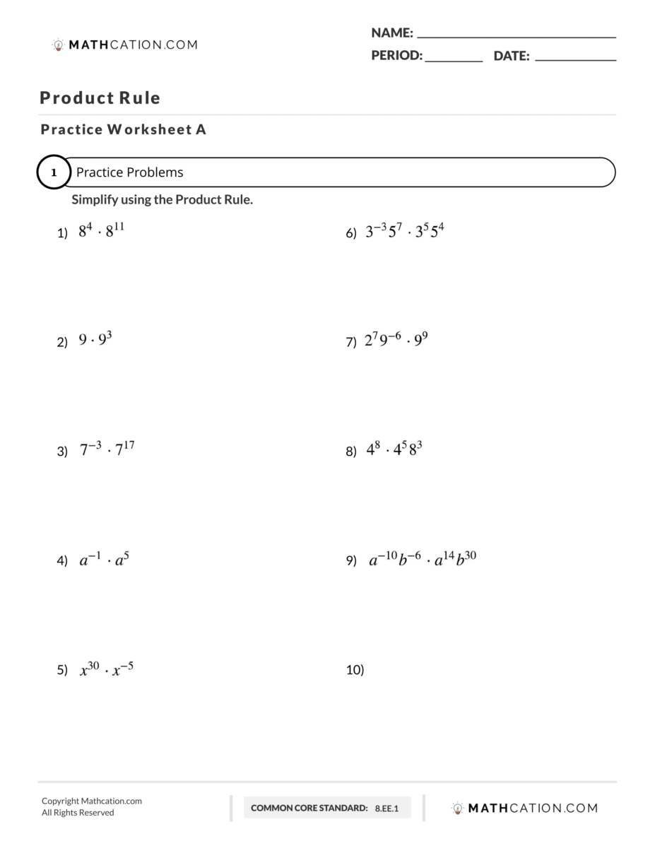 Free Product Rule for Exponents Worksheet