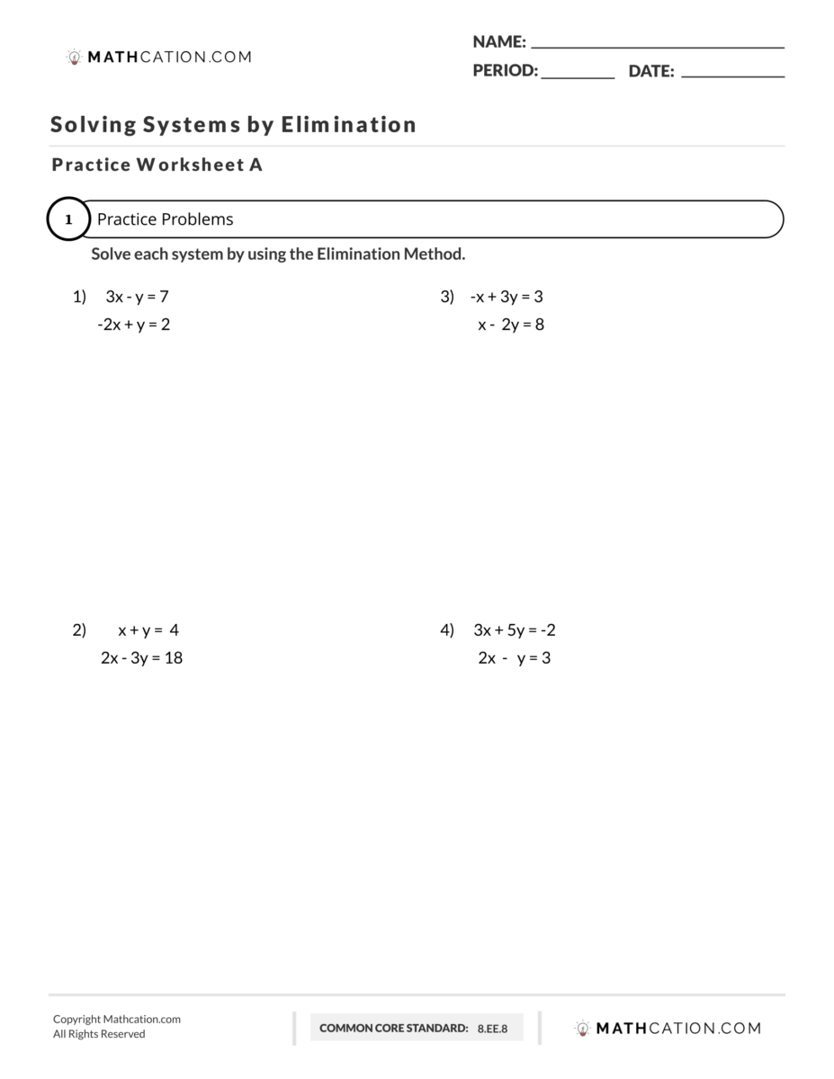 Solving Systems Using Multiplication With The Elimination Method Worksheet