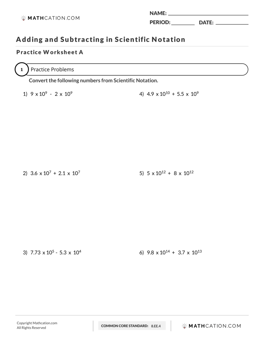 Free Adding and Subtracting in Scientific Notation Worksheet