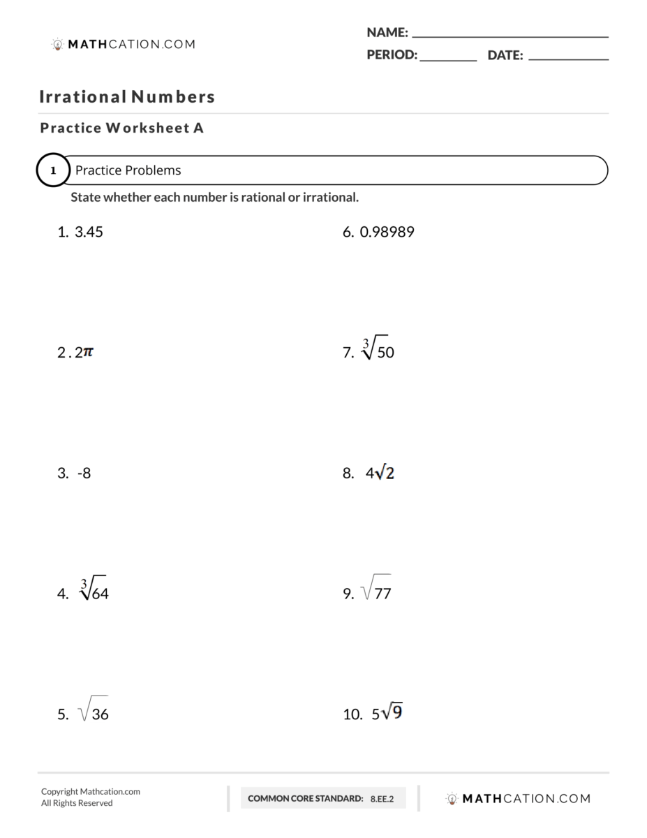 Get the Best, Free Rational and Irrational Numbers Worksheet Throughout Rational Vs Irrational Numbers Worksheet