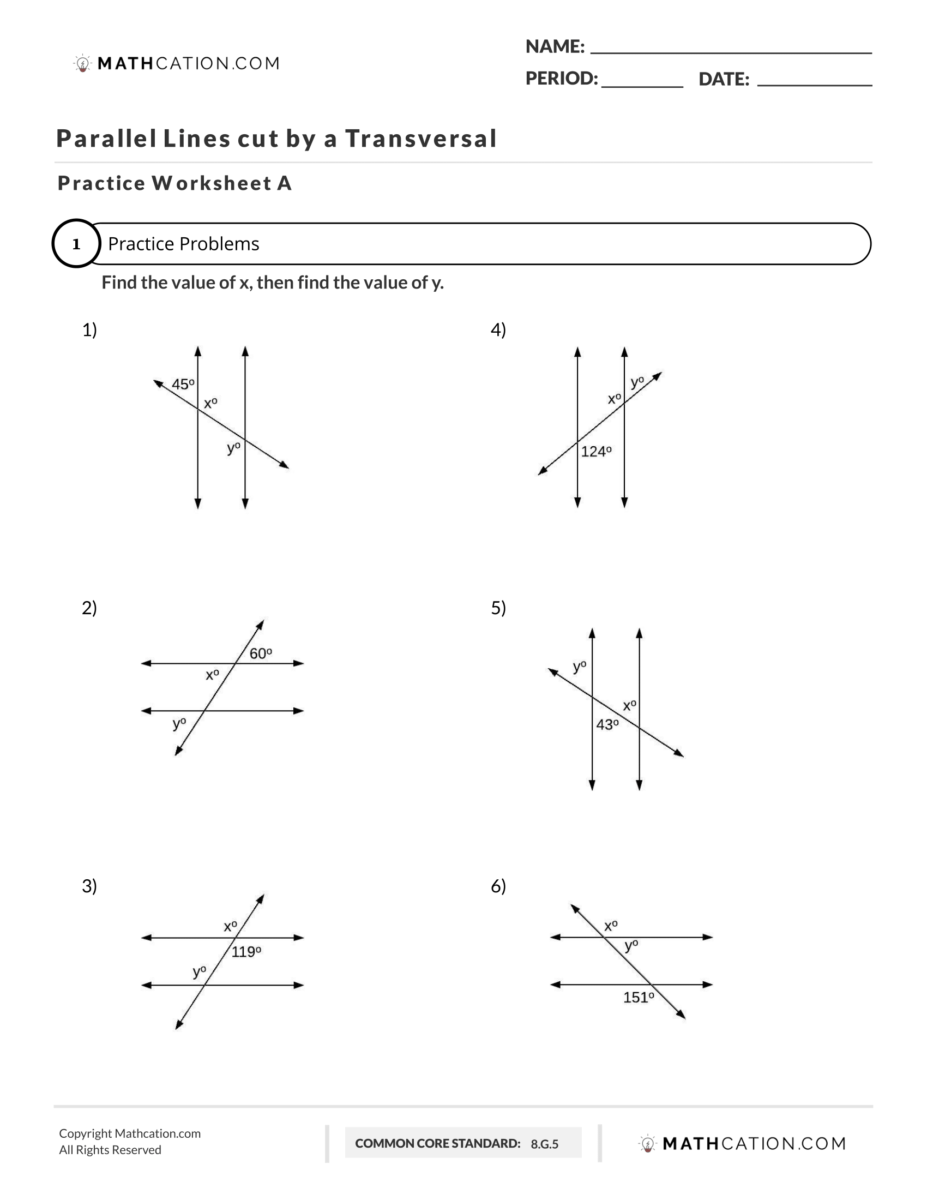 Free Parallel Lines cut by a Transversal Worksheet