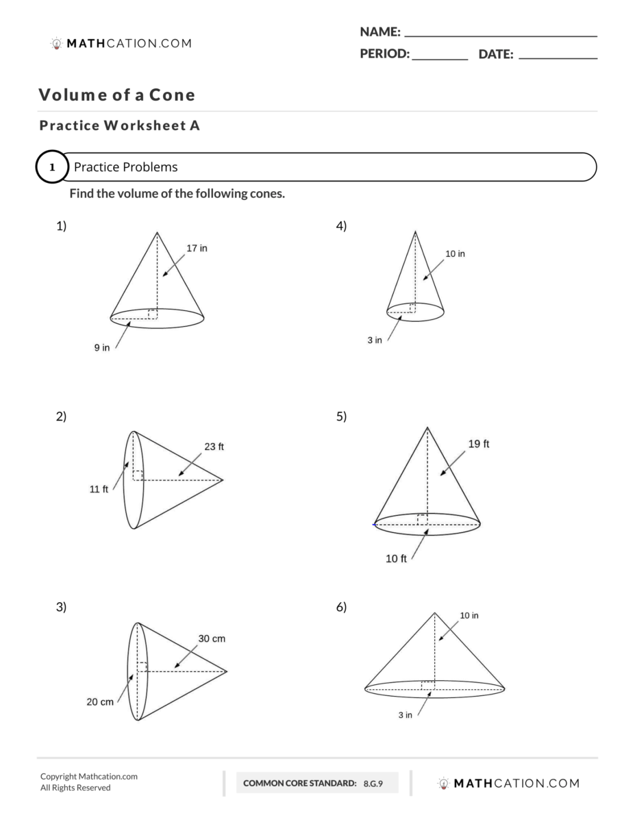 Free Volume of a Cone Worksheet