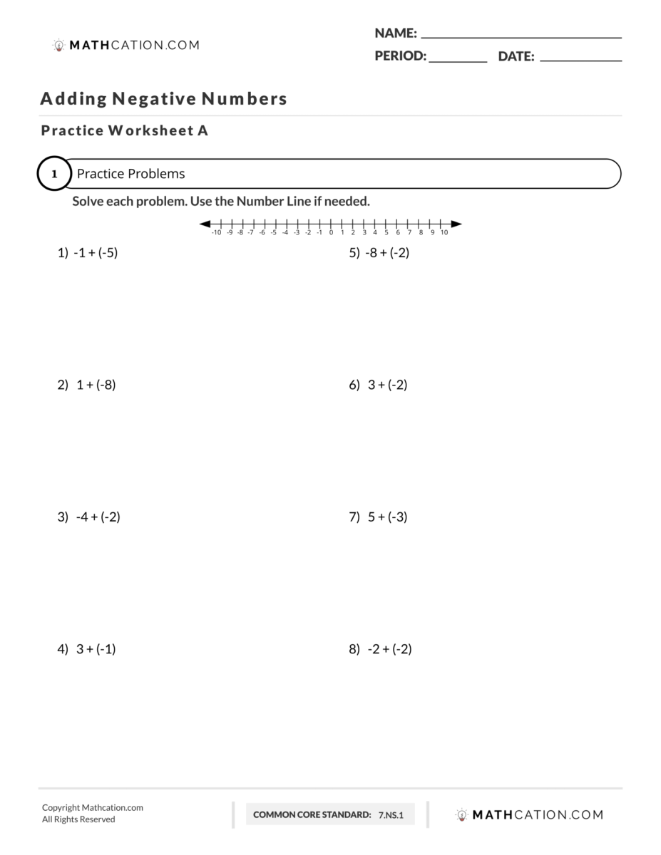 negative numbers addition worksheet