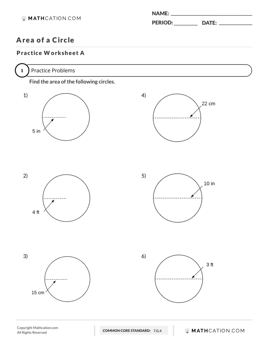 Free Area of a Circle Worksheet