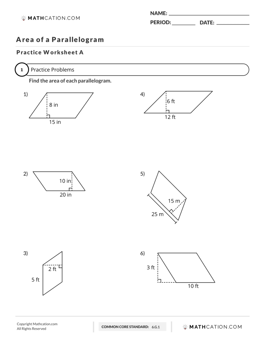 Free Area of a Parallelogram Worksheet
