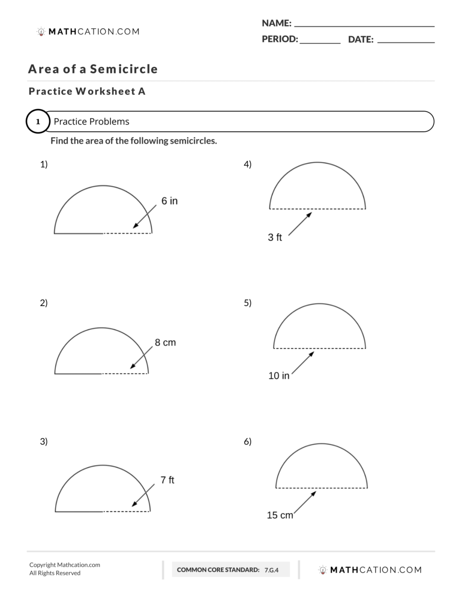 Free Area of a Semicircle Worksheet