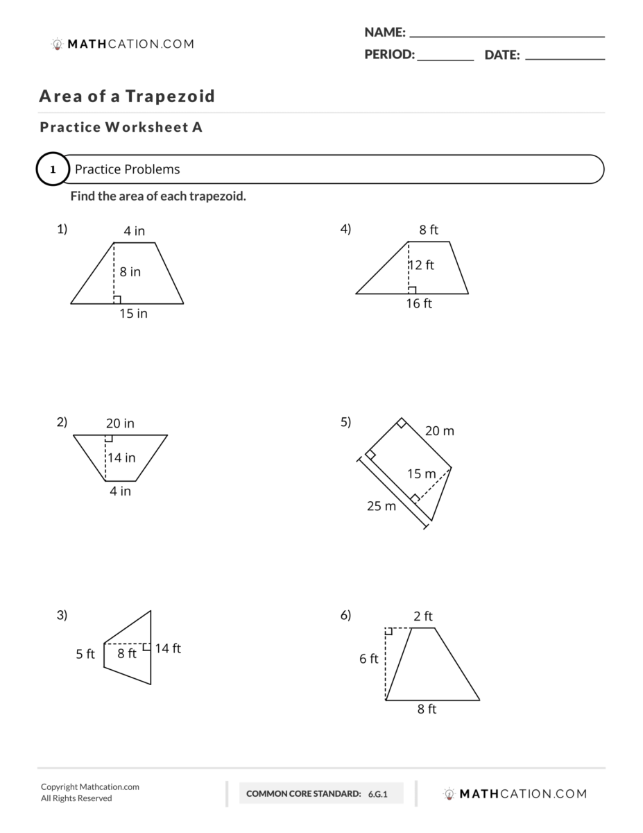 Free Area of a Trapezoid Worksheet