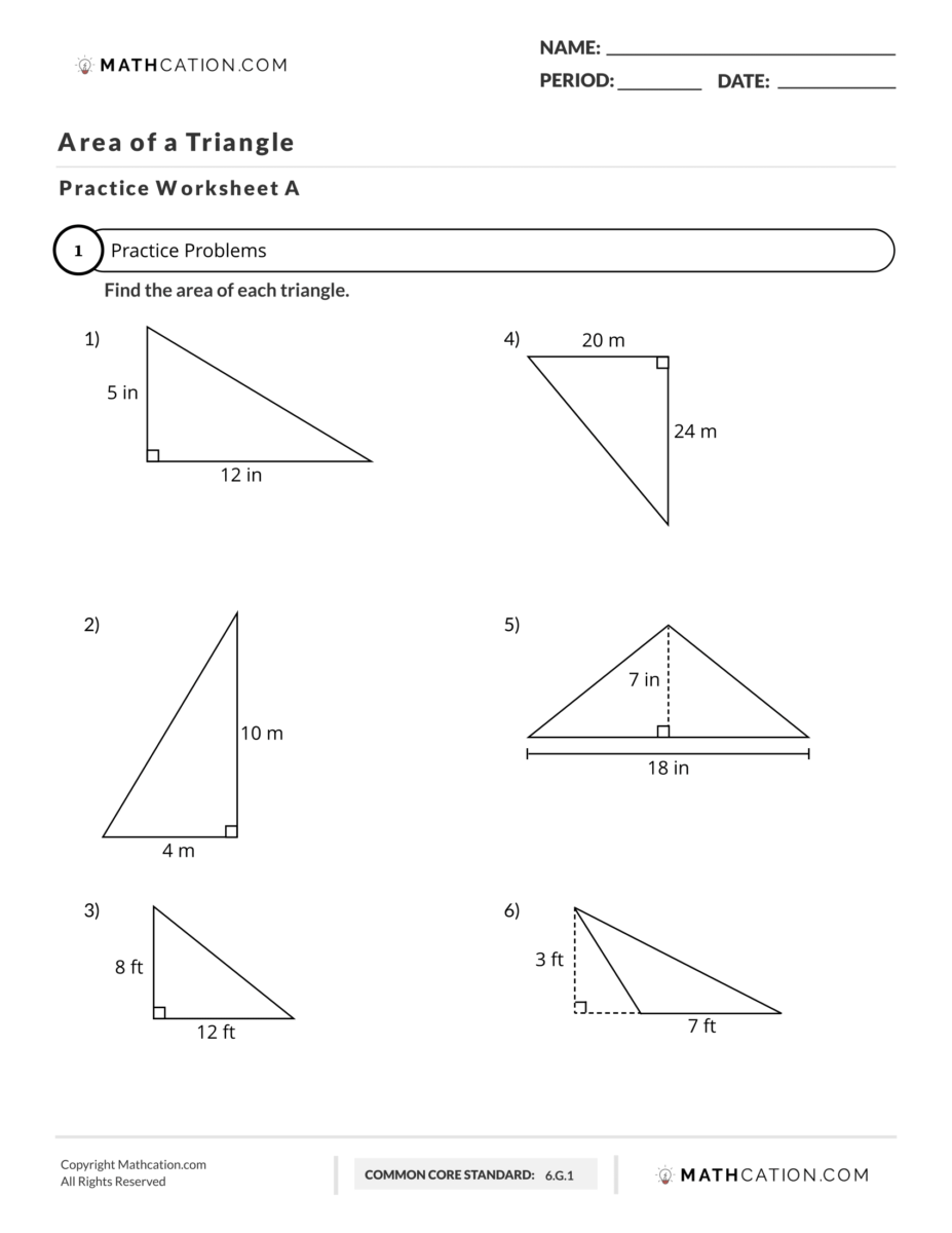 Free Area of a Triangle Worksheet