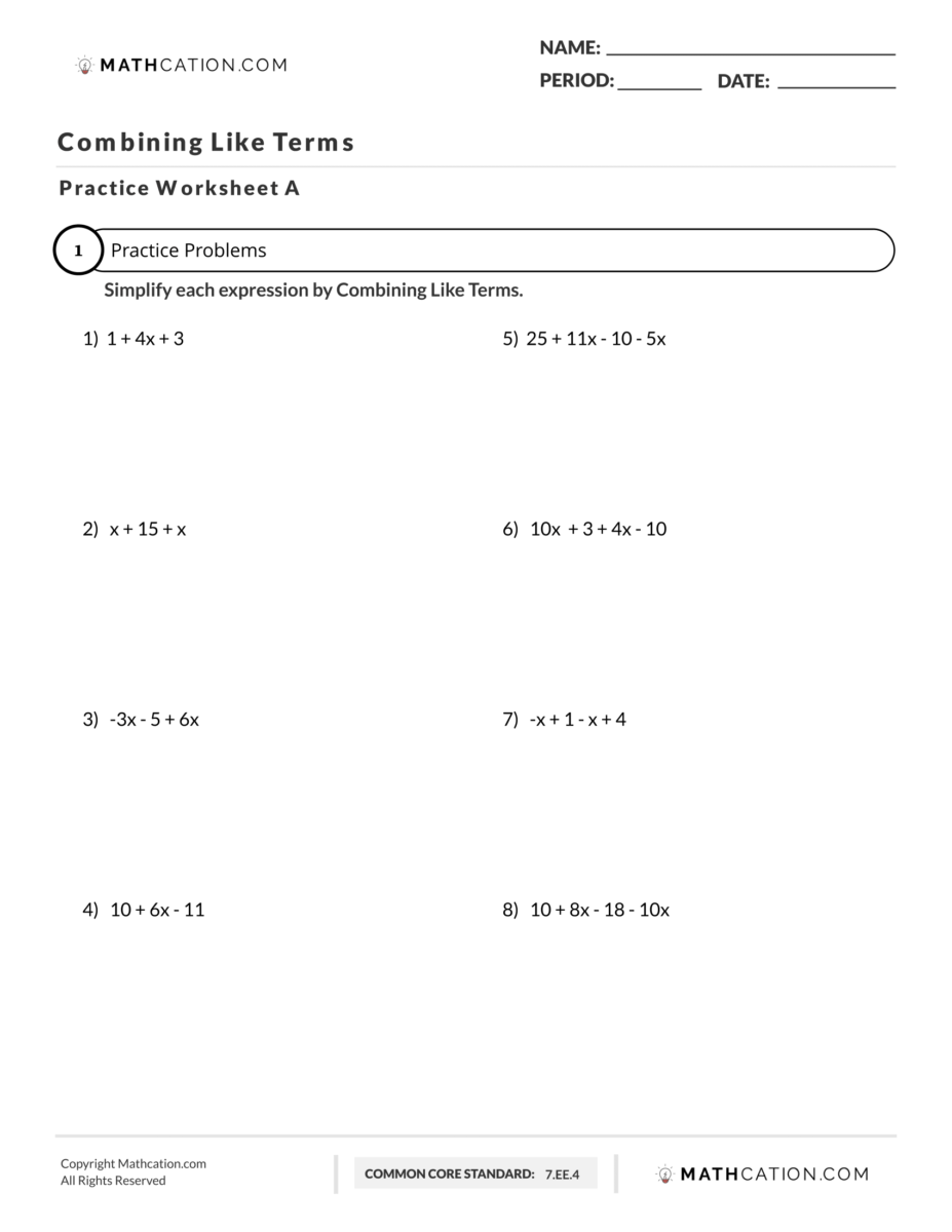 A Free Printable Combining Like Terms Worksheet - Mathcation Inside Combining Like Terms Practice Worksheet