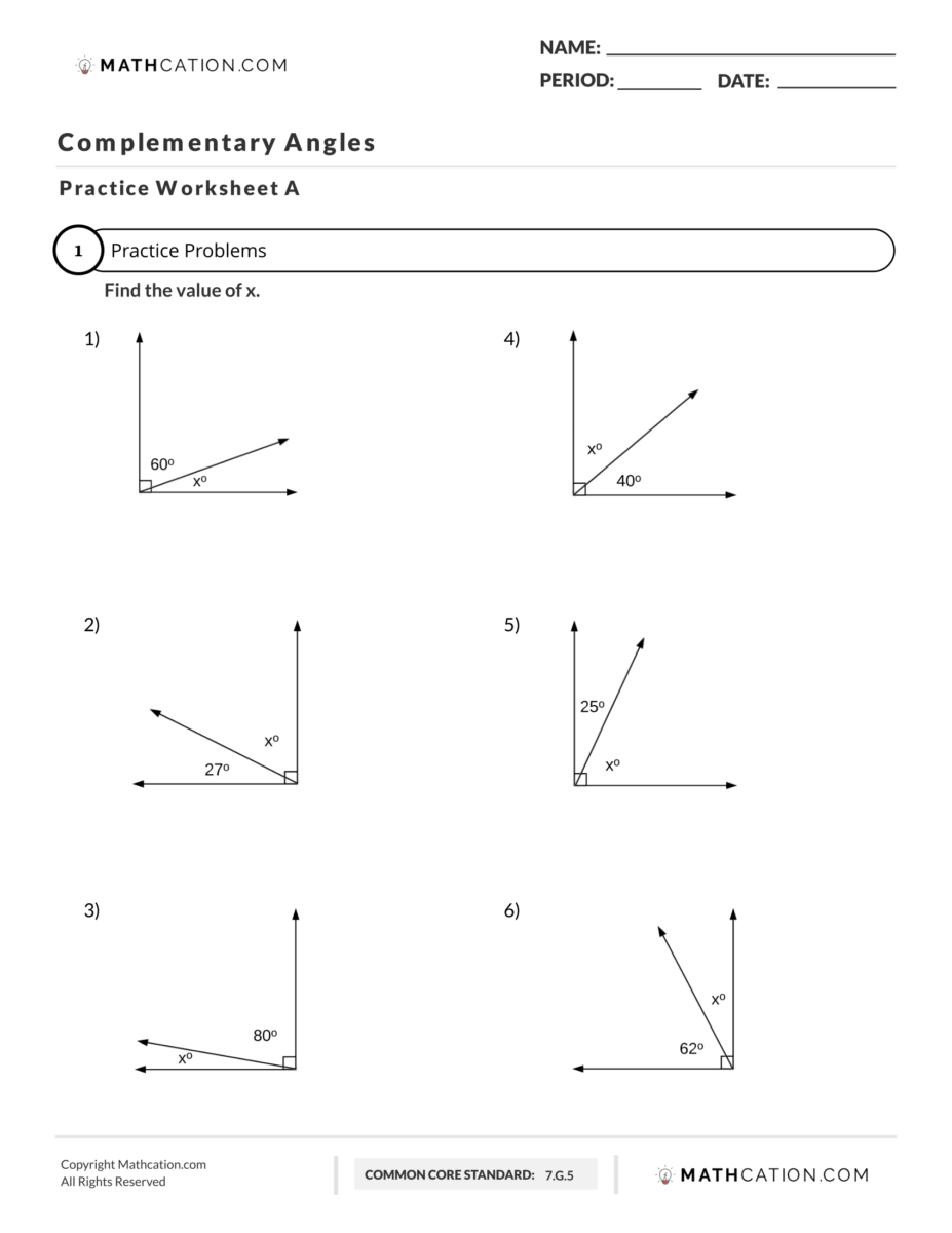 Free Complementary Angles Worksheet