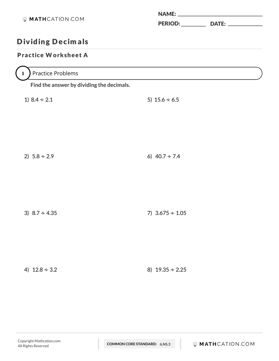 Free Dividing Decimals Worksheet