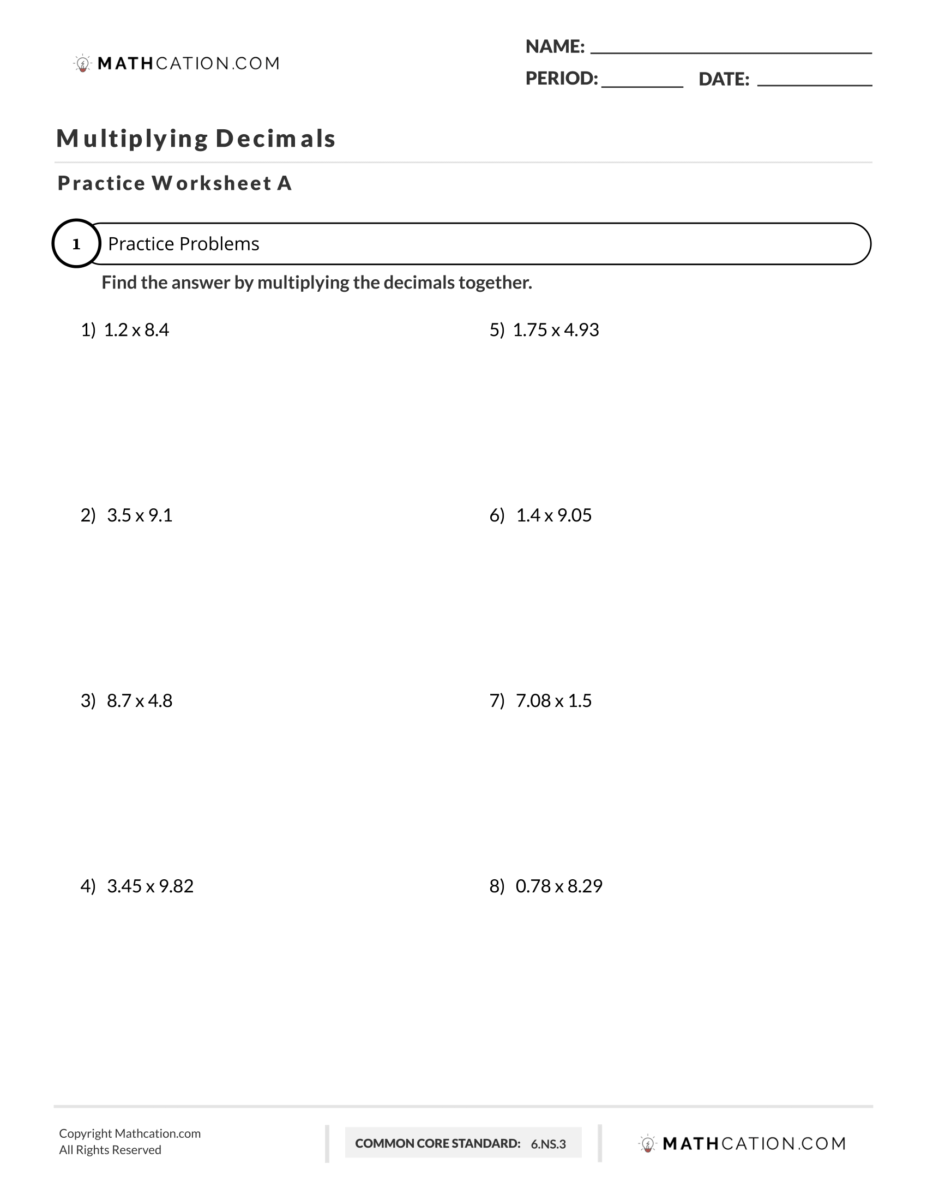 Free Multiplying Decimals Worksheet