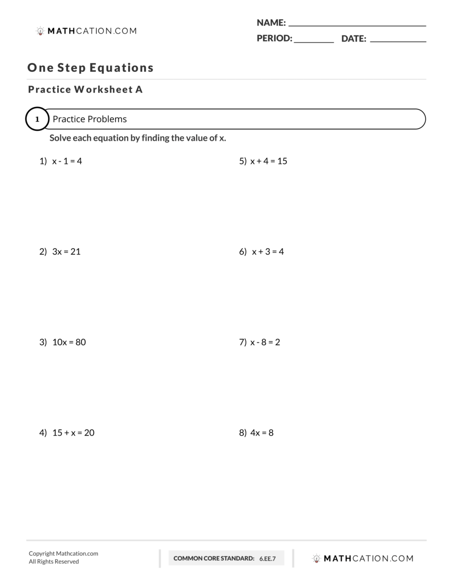 Download the Free Solving One Step Equations Worksheet - Mathcation Intended For One Step Equations Worksheet Pdf