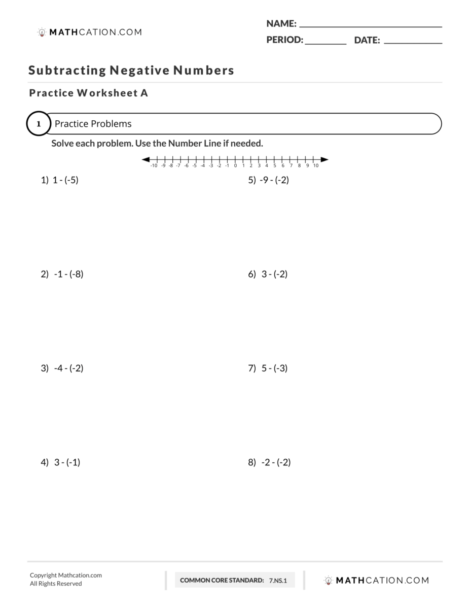 Free Subtracting Negative Numbers Worksheet