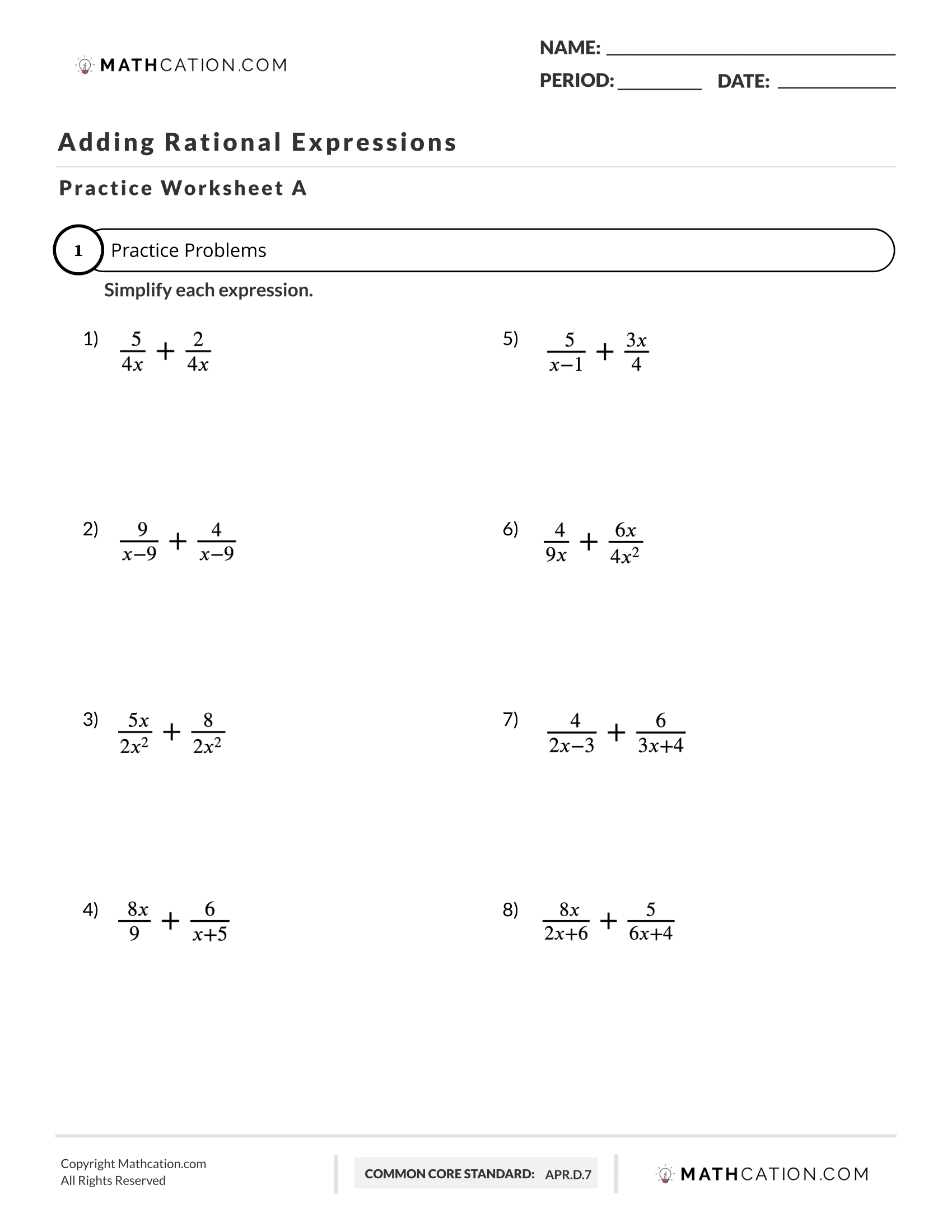 Free Adding Rational Expressions Worksheet