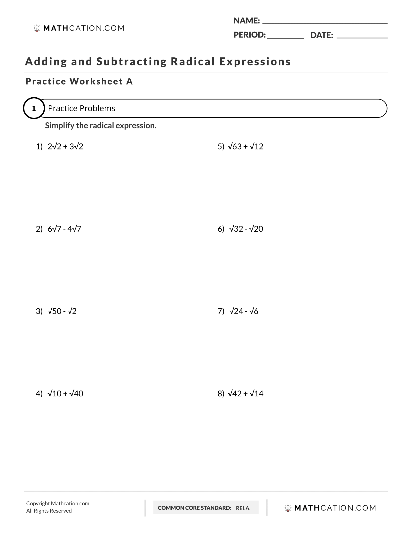 Free Adding and Subtracting Radical Expressions Worksheet