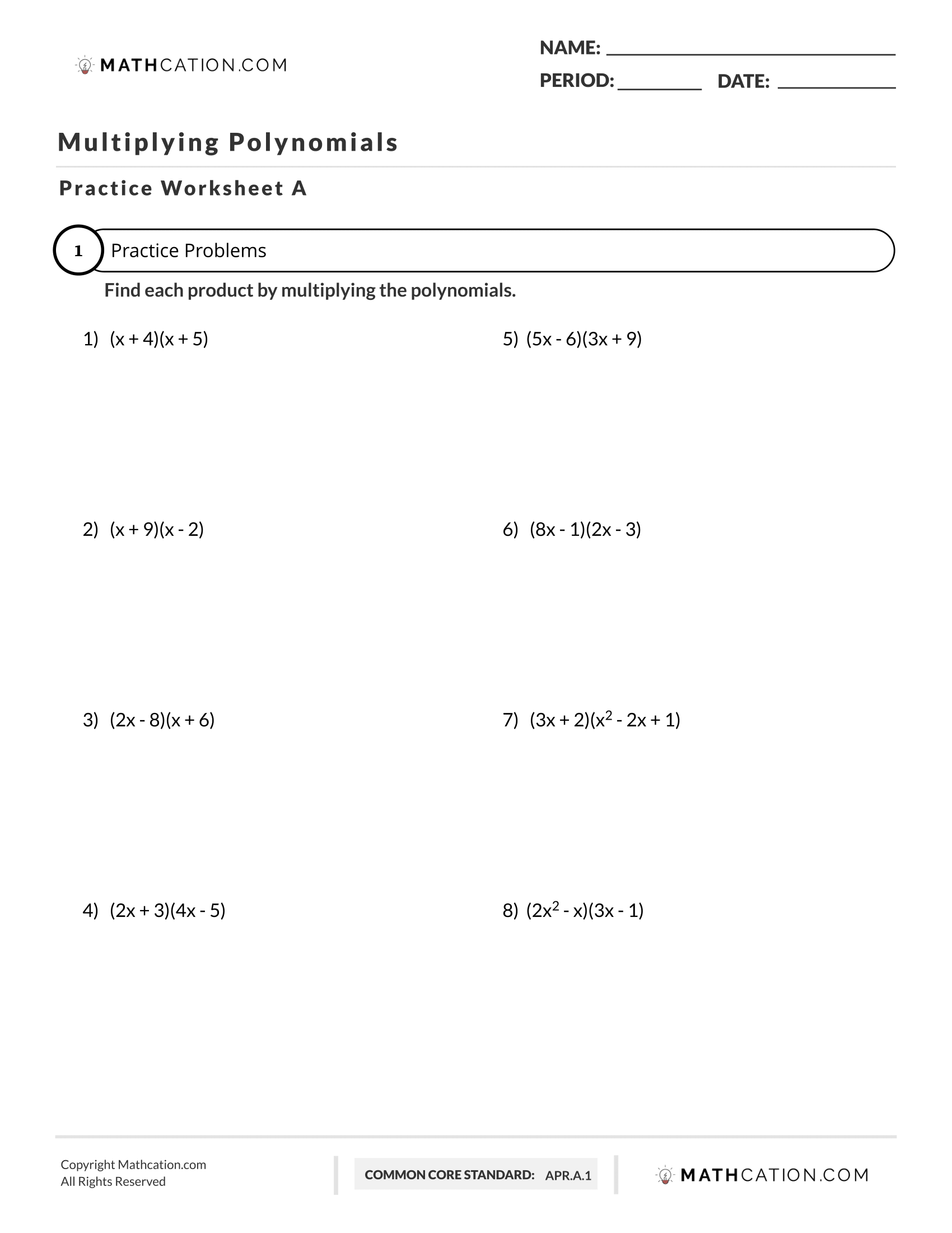Free Multiplying Polynomials Worksheet