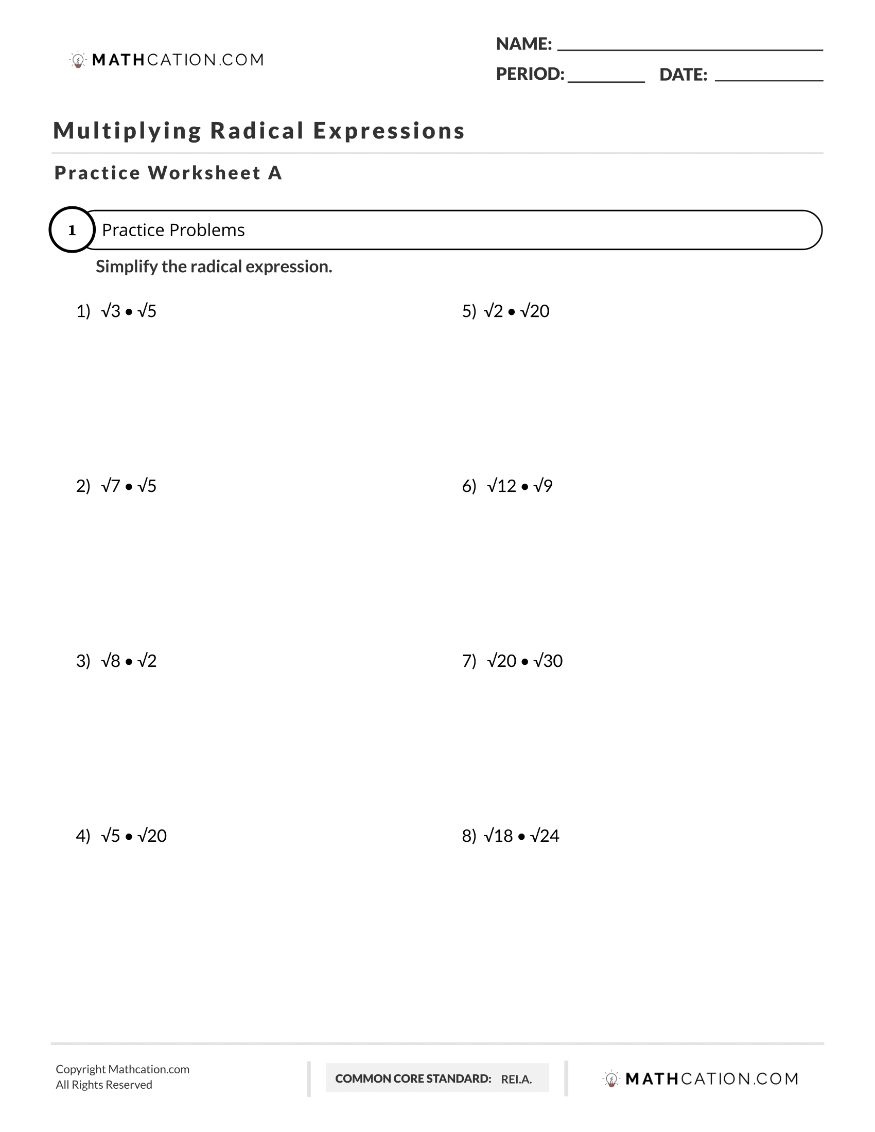 Multiplying Radical Expressions Worksheet
