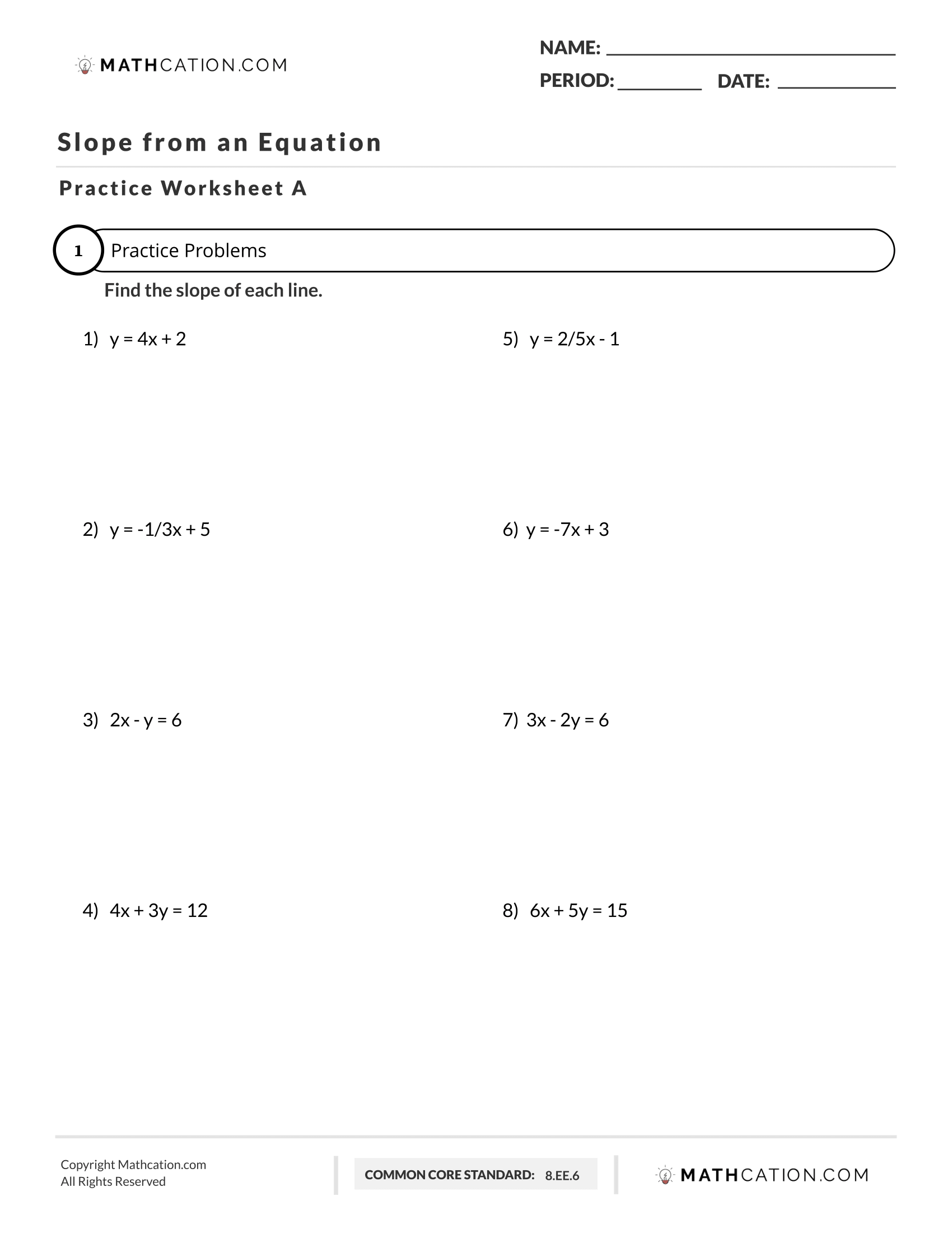Free Slope from an Equation Worksheet Free Slope from an Equation Worksheet