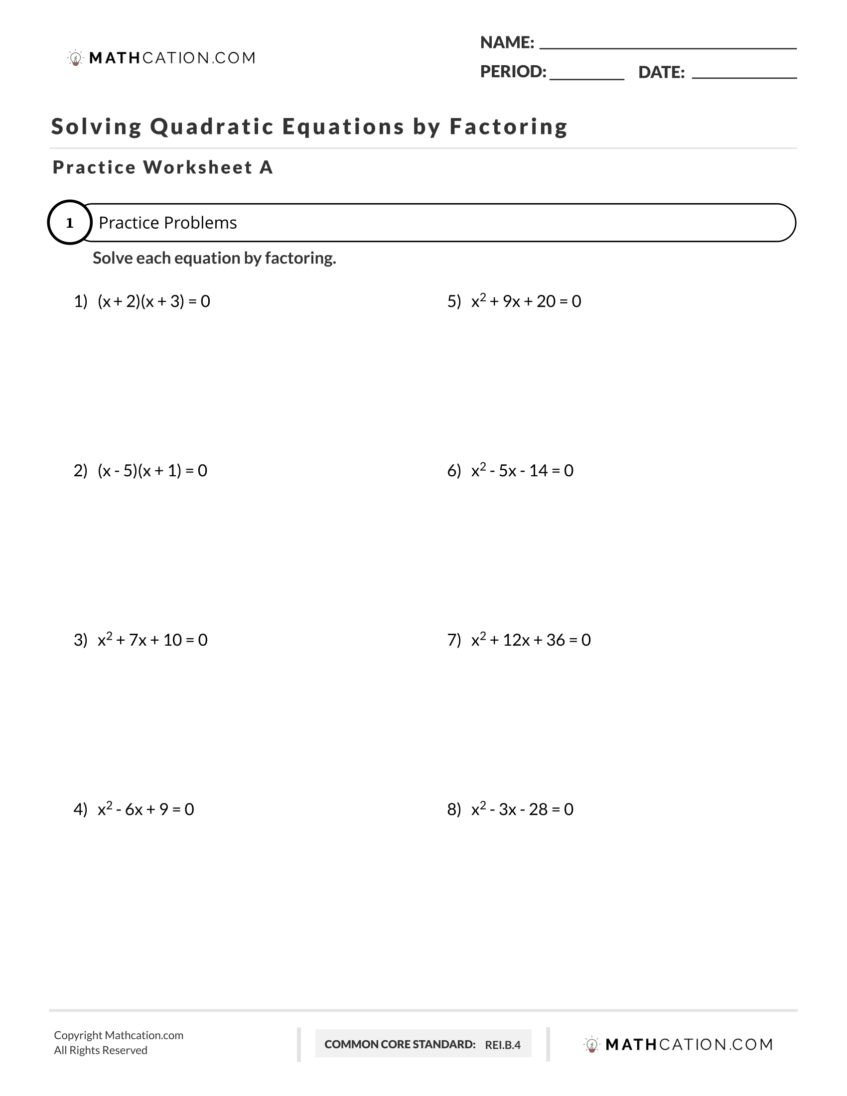 Free Solving Quadratic Equations by Factoring Worksheet
