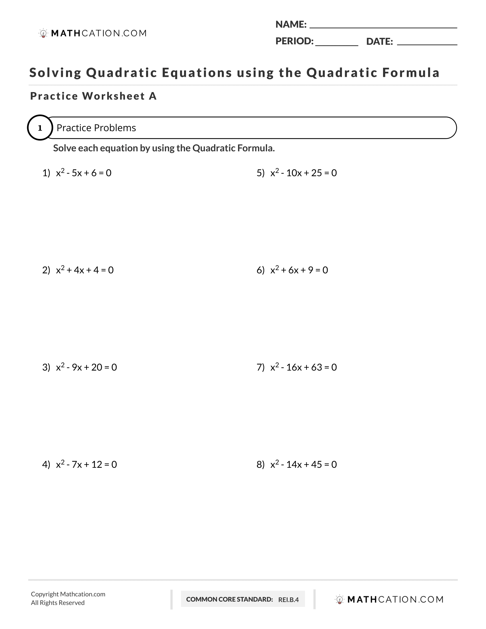 Free Solving Quadratic Equations using the Quadratic Formula Worksheet
