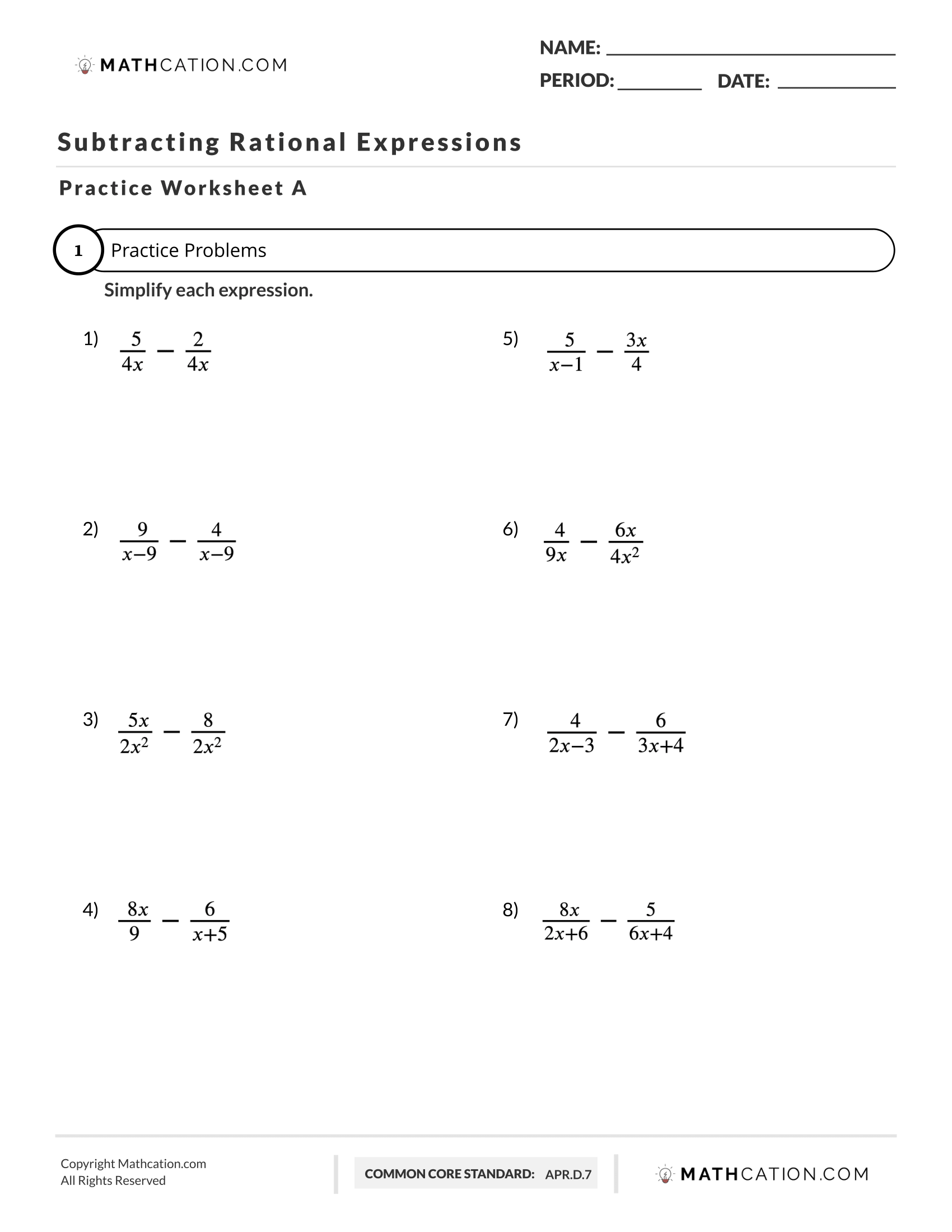 Free Subtracting Rational Expressions Worksheet
